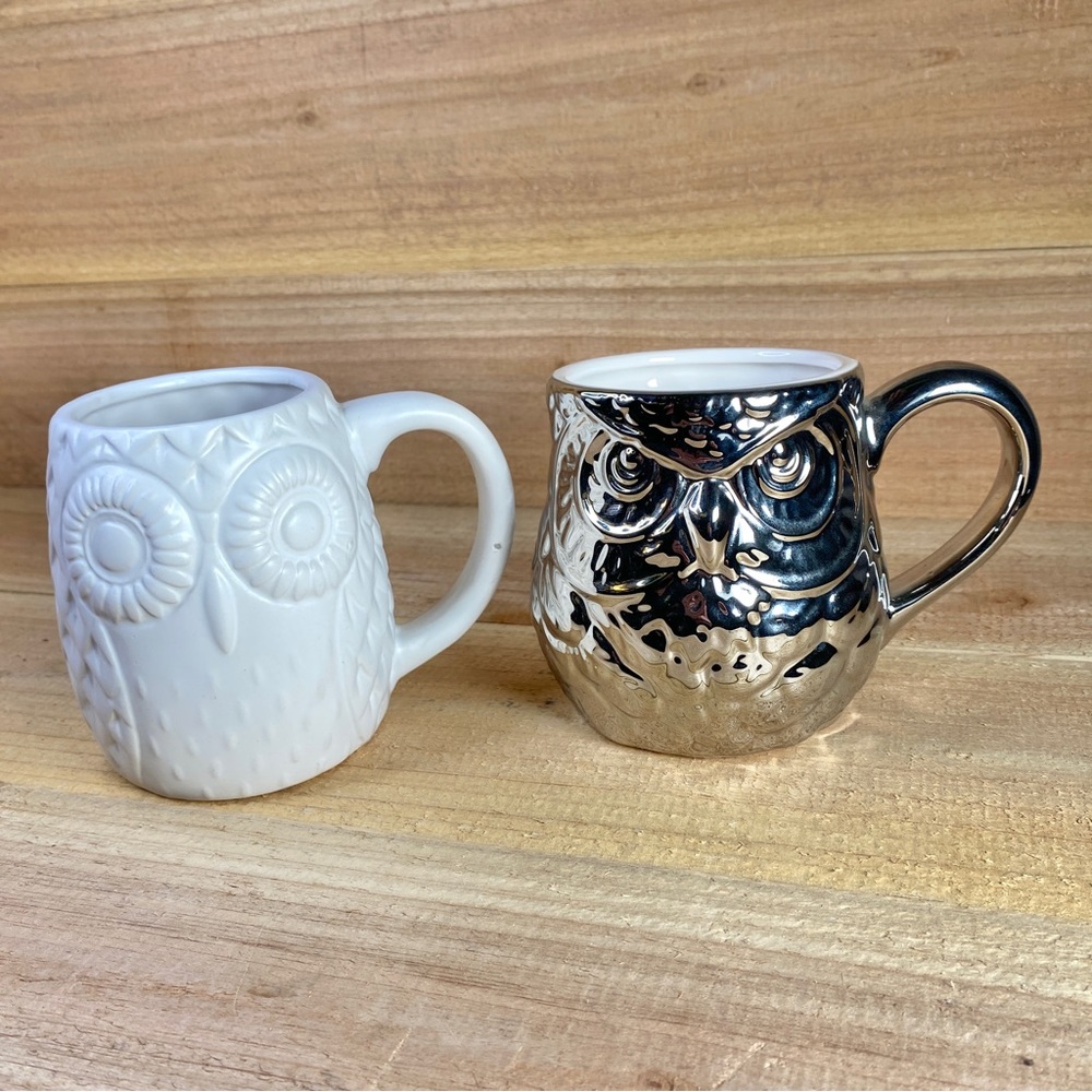 2 Owl Mugs Metallic Artistic Accents by Coastline Imports / White Maud Borup